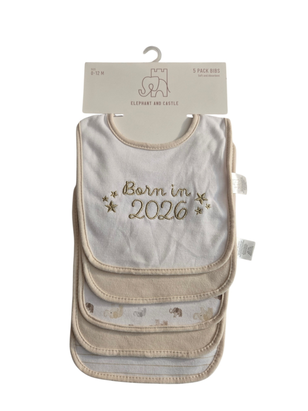 Beige "Born in 2026" Baby Bib Set - 5 Pack - NWT